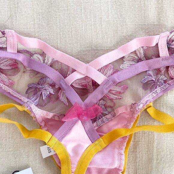 For Love And Lemons Floral Strappy Pink & Yellow Thong Panties XXS NWT - Picture 5 of 7